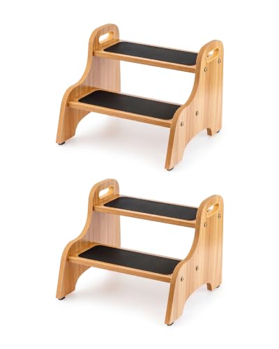 Image of StrongTek Wooden 2 Step Stool, 350 lb Capacity, Non-Slip, 2 Pack