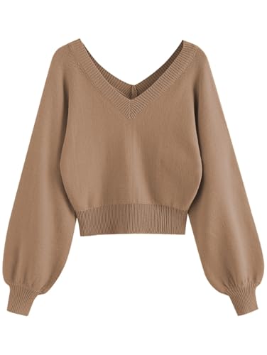 ZAFUL Women's Pullover Sweater Casual V Neck Raglan Long Sleeve Cropped Shirt Knit Jumper Tops(XL,Coffee)