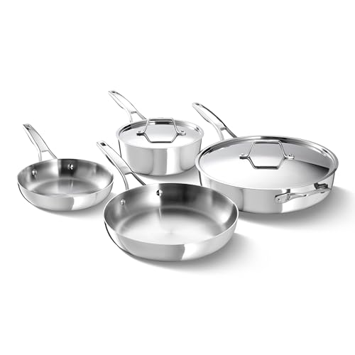 Image of Calphalon Premier Polished 5-Ply Stainless Steel Cookware Set w /Turbo Heat Tech 6 Piece Includes Frying Pans, Pots and Pans Set, Induction, Oven Safe 500F, PFOA Free, Polished Stainless Silver
