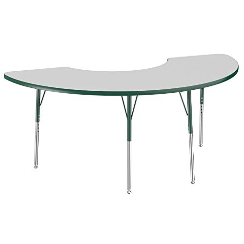 Image of FDP Half Moon Activity School and Office Table (36 x 72 inch), Standard Legs with Swivel Glides for Collaborative Seating Environments, Adjustable Height 19-30 inches - Gray Top and Green Edge