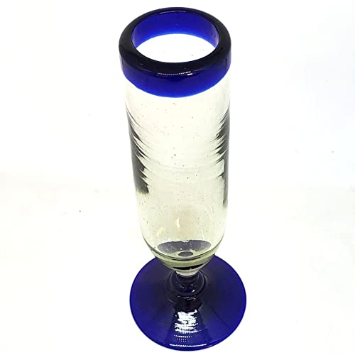 Mexhandcraft Cobalt Blue Rim 6 Oz Champagne Flutes (Set Of 6), Recycled Glass, Lead-Free, Toxin-Free (6Oz Champagne) #TOP3