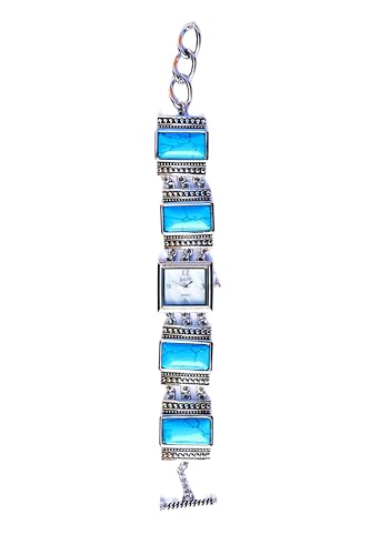 Turquoise Stone Beaded Silver Bracelet Watch for Women - Antique Silver Design with Toggle Clasp