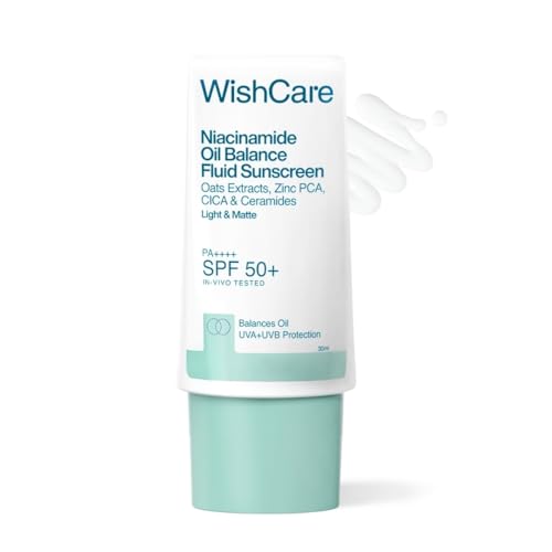 Image of WishCare Niacinamide Oil Balance Fluid Sunscreen SPF 50 PA++++ In-Vivo Tested | 8Hrs+ SPF Protection | Lightweight, Matte & No White Cast | Sunscreen SPF 50 For Oily Skin, Sensitive, Dry & Combination Skin | For Women & Men | 30ml