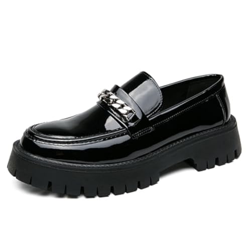 Men's Fashion Patent Leather Lug Sole Loafers,Round Toe Platform Comfort Slip On Dress Shoes