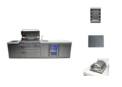 Mont Alpi MAi805-BEV-COMBO 44-inch 6 Burner 115000 BTU Stainless Steel Gas Outdoor Kitchen Island Barbecue Grill with Beverage Center + Side Burner Pizza Oven, Charcoal Tray & Griddle Plate