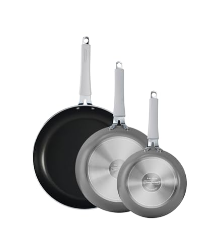 Tramontina Juego de 3 sartenes antiadherentes de 8 pulgadas, 10 pulgadas, 12 pulgadas, aluminio de calibre pesado, exterior esmaltado de porcelana, interior antiadherente reforzado hecho sin PFOA.