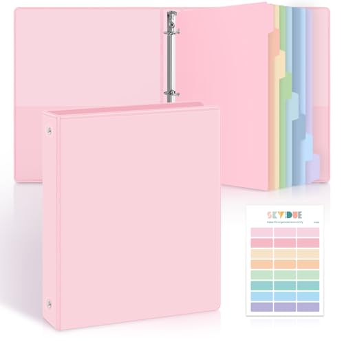 SKYDUE 1 Inch 3 Ring Binder with 8 Tab Dividers & 24 Labels Pastel Binder Organizer for Letter Size Paper Aesthetic School Binder for Notes Documents Office & Home Organization Pink
