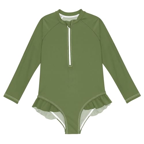 Dark Olive Green Girls Long Sleeve Rashguard Swimsuit UV Protection One-Piece