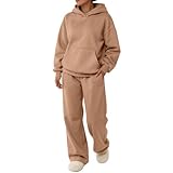 Sweatsuits Women 2 Piece Outfit Matching Sets Women Clothing Loungewear Leisure Wear Sets Fleece Lined Hoodies Long Sleeve Wide Leg Drawstring Sweatpants Joggers With Pockets Track Suits Camel M