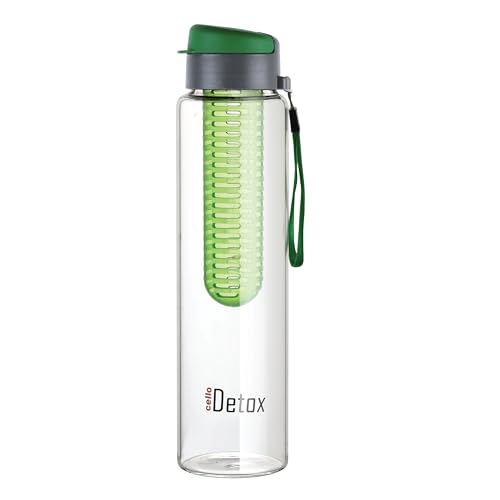 Cello Fruit Infuser Glass Water Bottle 750ml, Green | Wide Sealed Flip-Top Cap, Leak-Proof, Durable | Airtight, Reusable| Detox Infuser Glass Bottle for Fridge, Gym, Office, Travel, Kitchen & Trekking
