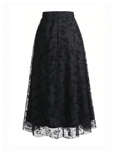 GORGLITTER Women's Plus Size Floral Tulle Skirt Mesh High Waisted A Line Maxi Long Skirts2