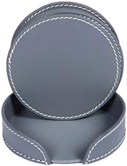 NORA Non-Slip Round Leather Drink Coaster with Holder for Table Protection, Prevents Scratching or Damaging Furniture, Grey -Set of 6