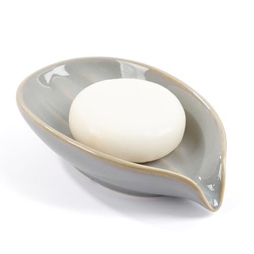 Soap Holder, Self-Draining Soap Dish, Leaf Shape Ceramic Bar Soap Holder Drain Soap Dishes for Bathroom Sink Kitchen, Easy to Clean Keeps Soap Dry, ANTIS'S HOME Gray-1pcs