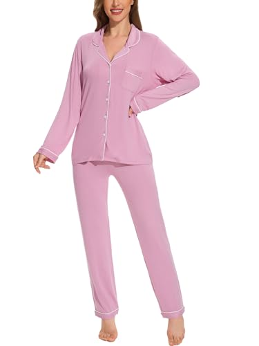 Image of Button Up Pajamas for Women Long Sleeve Sleepwear Soft Loungewear Ladies Pjs Set XS-XXL