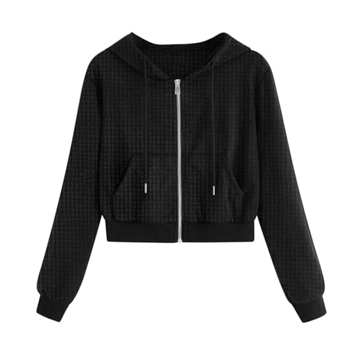Womens Waffle Cropped Hoodies Zip Up Short Jackets Teen Girl Cute Lightweight Athletic Sweatshirt with Pockets