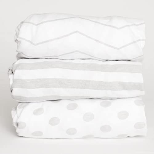 NODNAL CO. 3 Fitted Gray Mini Crib Pack n Play Playard Portable Crib Sheets Set - 100% OEKO-TEX Cotton Baby Girl/Boy Nursery Bedding, Gender Neutral Polka Dot Stripe Travel Pack and Play Playpen Sheet