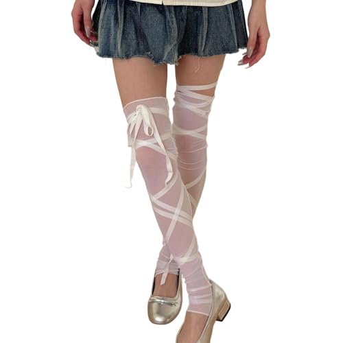 Ballet Styles Sheer Thigh High Leg Warmers With Ribbon Tie Fashionable Lace Up Mesh Leg Covers Long Socks For Women Girl Shee