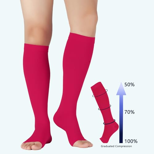 Image of Lin Performance Medical Compression Socks for Women and Men, 20-30 mmHg Open Toe Knee High Stockings, Leg Support for Daily & Travel Comfort (M,Pink)