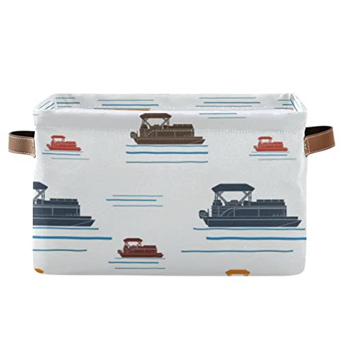 Oyihfvs Editable Side View Flat Style Pontoon Boat on Sea Water on White 1 PC Rectangle Storage Basket Collapsible Fabric with Leather Handles Bag Organizer Clothes for Home Bedroom 15 x 11 x 9.5 in