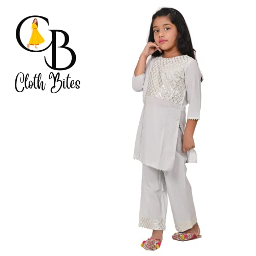 Image of Girls Rayon Kurta Pant Set| Gota Work Kurti with 3 /4 Selvess | Round Neck Traditonal Dress| Ethenic Wear Kurti for Kids (4-5 Years, Gray)
