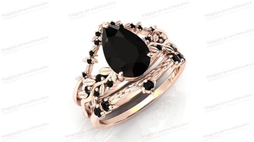 Vine Leaf Style 1 CT Black Onyx Engagement Ring Set Filigree 14k Gold Black Onyx Art Deco Wedding Ring Set Pear Shape Black Onyx Vintage Bridal Set Antique Anniversary Promise Ring Set3