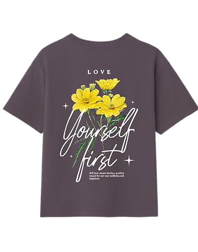Image of Oversized Cotton T-Shirt for Women Half Sleeve - Love Yourself First Printed Tee - Breathable Loose Fit Motivational Casual Wear for College and Daily Outfits