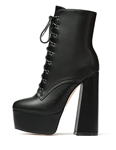 Eldof Women's Platform Chunky Block Heel Ankle Booties Sexy 6 Inch High Heel Lace Up Side Zipper Round Toe Boots2