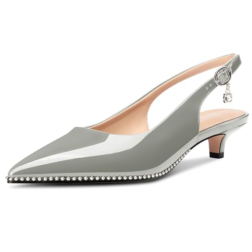 Image of TNYNFBEB Womens Low Kitten Heel Close Pointed Toe Pumps Slingback Silver Beaded Buckle Prom Party Dress Patent Leather 1.4 Inches Heels