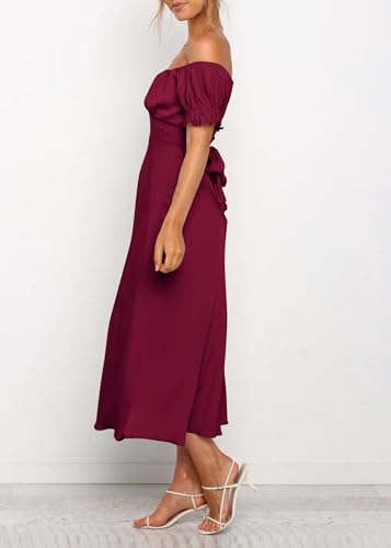 Image of KIRUNDO Women's Satin Summer Wedding Guest Cocktail Dress | 2026 Spring Fall Party Midi Dress, Silky, Elegant Off Shoulder Short Sleeve, Ruffle Mermaid Hem, Wrap Prom Formal Outfits