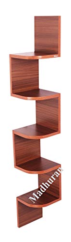 Image of Madhuran Zigzag Engineered Wood Wall Mounted Corner Shelf Unit Tiers 5 (Matte,Teak Finish) Ladder Organiser Pooja Soap Wooden Self Triangle Utility Storage Zig Zag Racks