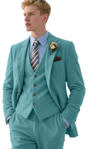 Mens Slim Fit Suit 3 Piece Corduroy Suits Retro Corduroy Blazer Jacket Vest Pants Set Formal Wedding Prom Tuxedos for Men