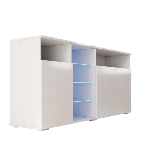 MB Muebles Bonitos | Aparador Clark con 3 Puertas para Salón con Luz LED | Mueble Moderno de Melamina Brillo | Color Blanco | 150x72x35 cm