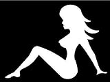 White Vinyl Decal - Naked Trucker Lady Left mud Flap Girl Fun Truck Sticker, Die Cut Decal Bumper Sticker for Windows, Cars, Trucks, Laptops, Etc.