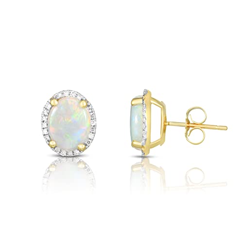 14K Yellow Gold Genuine Opal 1-1/2 Ct with Diamond Halo Stud Earrings