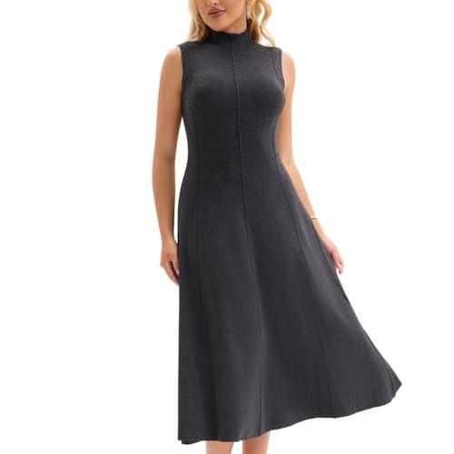 Froggirl Women's Sleeveless Turtle Neck Midi Dress Elegant A-Line Fit Stretchable Ribbed Sweater Dress for Fall Winter 2025 (US, Alpha, X-Large, Regular, Regular, Charcoal Grey)