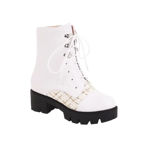 GooMaShoes Women's Comfortable Lace up Combat Boots, Plaid Patchwork Low Chunky Heels Ankle Boots, Fashion Round Toe Platform Booties (White, US 10) Cover