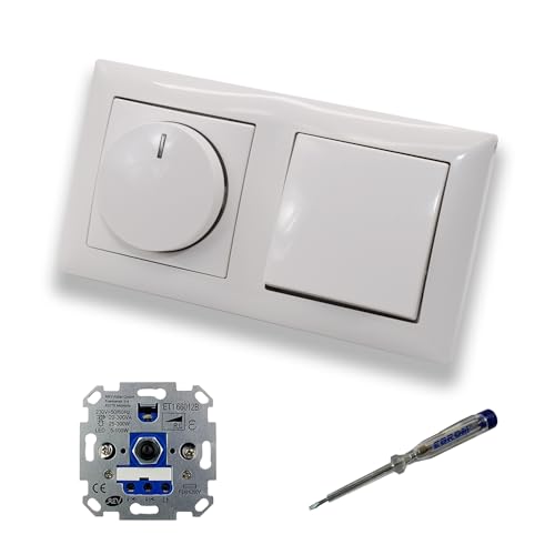 REV Ritter LED Drehdimmer Dimmer + Busch Jäger Dimmerscheibe 2115-914 und Lichtschalter 2000/6 US in Balance Si alpinweiß glänzend inklusive EBROM Phasenprüfer zur Montage der Geräte ET1 66012B