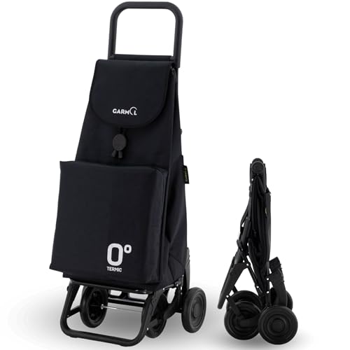 GARMOL Carro de la Compra Térmico Plegable 55 Litros |Bolsillo Térmico Interior de 11 Litros | Carro de la Compra 4 Ruedas Gran Capacidad Abatible | Carrito Compra Plegable Color Negro