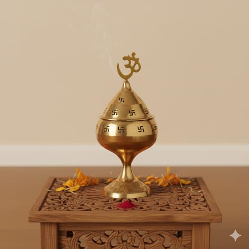 Image of Mkd2 Rise Golden Om and Swastik Symbol Decorative Brass Diya - Akhand Diya for Puja -Navratri - Brass Diya for Pooja Room, Home Temple Decor - Diwali Diya - Diwali Decoration Item