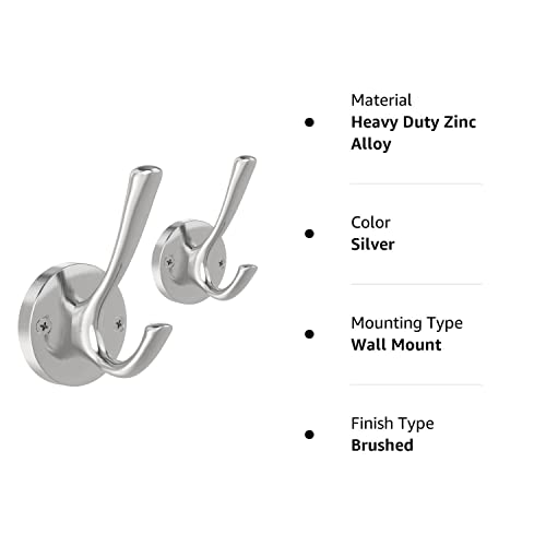 Tofiigrem Brushed Nickel Wall Hooks Towel Hooks, 2 Pack Coat Robe Hook Heavy Duty Bathroom Double Hook Wall Mounted, Hand Towel Hooks For Closet Entryway Cubicle Kitchen #TOP6