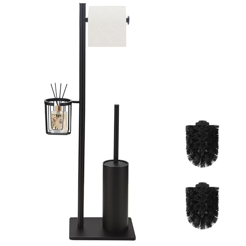 DAZI Set Conjunto Escobilla WC con Soporte para Papel higiénico y cestilla para Guardar Objetos 3 en 1, Escobilla baño Acero Inoxidable, portarollos escobillero Minimalista salvaespacio (Negro Mate)