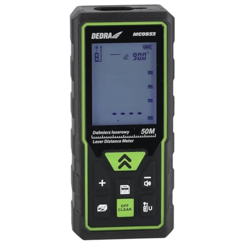 DEDRA Dalmierz Laserowy MC0933 | 50m Zasięg | Precyzja ±2mm/10m | 7 Funkcji | IP54 | LCD | Pomiar Ciągły, Powierzchni, Kubatury | 2x AAA | Etui + Akcesoria