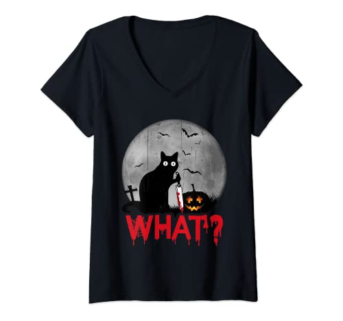 Mujer Cat What? Murderous Black Cat With Knife Halloween Costume Camiseta Cuello V