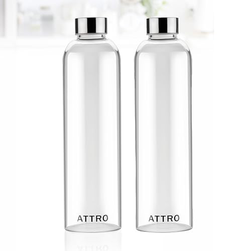 Image of ATTRO Glassox Cleara High Borosilicate Screw Glass Bottle with Stainless Steel Lid Leakproof - Ideal for Office, Travel, Home, Outdoor & Daily Use - Transparent - 1000ml-Set Of 2