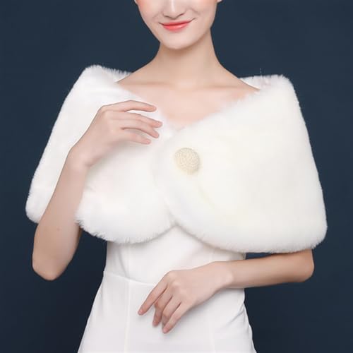 Women's Wedding Faux Fur Wraps and Shawls Winter Shrug with Brooch for Brides Bridesmaids White4
