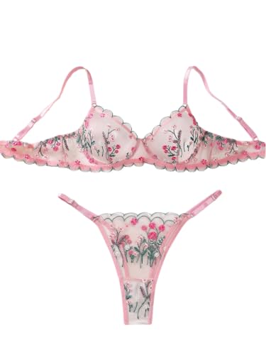 Image of Sexy Floral Embroidered Flower Mesh Underwire Push Up Lingerie Set