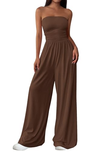 PRETTYGARDEN Womens Trendy Strapless Rompers 2026 Ruched Tube Top Wide Leg One Piece Jumpsuits Beach Vacation Summer Outfits (Brown Large)
