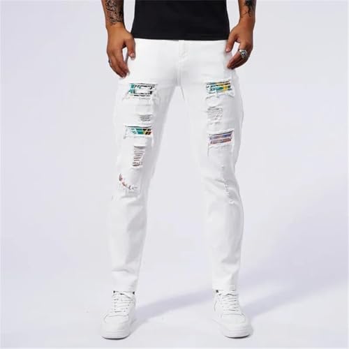 Men Patchwork Ripped Slim Fit Jeans Cotton White Stretch Straight Skinny Denim Trousers4