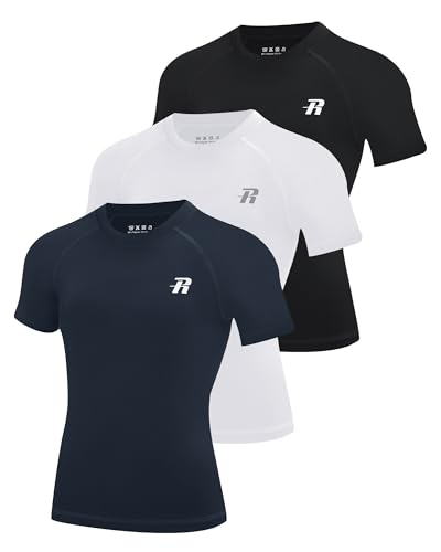 Runhit 3 Pack Boys Compression Shirt Short Sleeve Youth Basketball Undershirt Kids Quick Dry Athletic Base Layer T-Shirt Balck+White+Navy Blue M