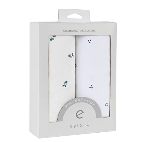 Ely's & Co. Patent Pending Waterproof Changing Pad Cover Sheets, 100% Cotton with Waterproof Lining – 2 Pack Fitted Cradle Sheet Set, Berry and Cluster Dot (Blue) 34” x 17”